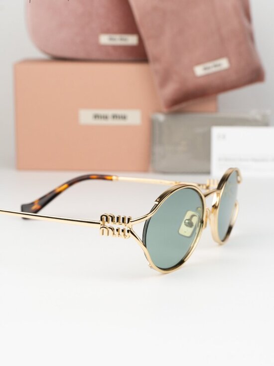 Miu Miu Women Sunglasses Gold Green Mirror Silver Oval MU52YS 5AK04M BRAND NEW main image 8
